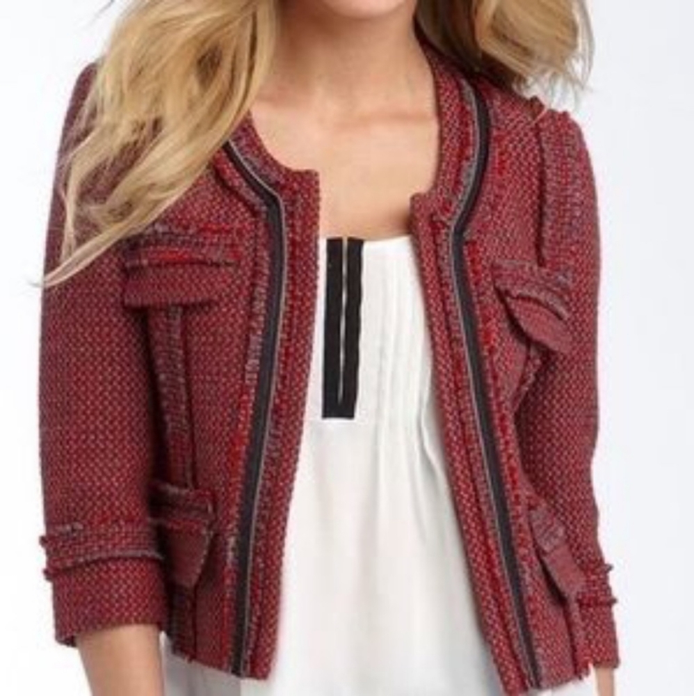 Hinge Red Tweed Crop Women Jacket Wool Size Medium